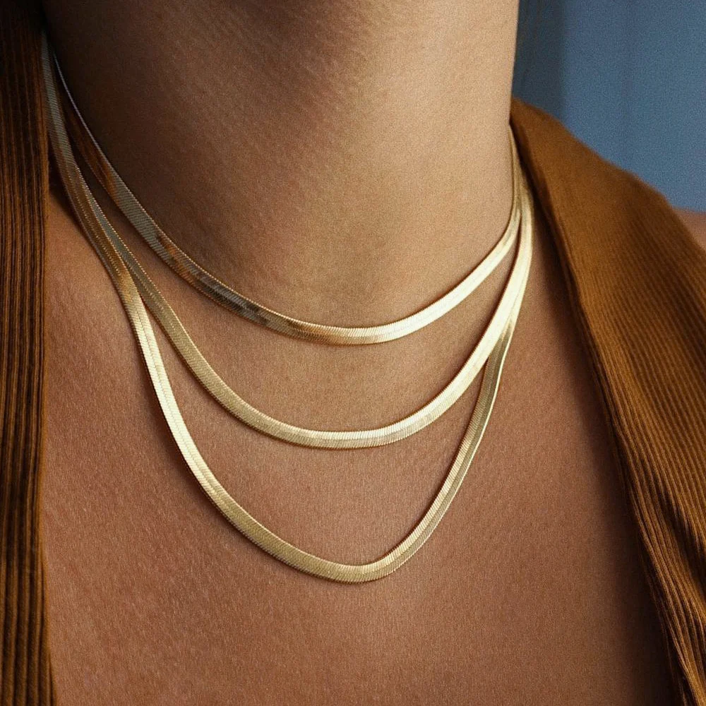 Hot Trending 925 Sterling Silver herringbone chain 4.5MM Gold 18K Snake Chain Choker Necklace Women