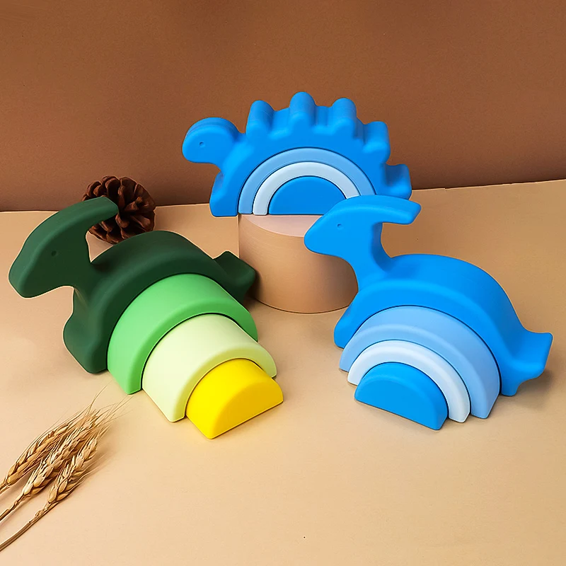 New Design Toddler Silicone Stacking Toys Dinosaur Shape Educational Stacker Custom Logo Package Toy Stacking Block Sets