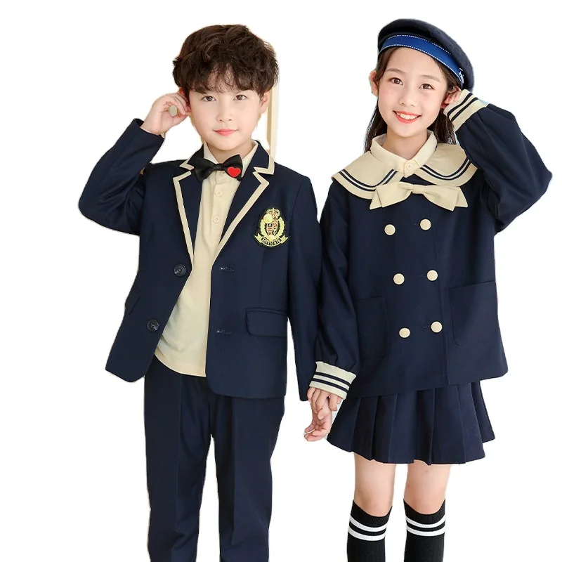 OEM British preppy style kids clothing uniform blazer navy children school suit formal boy and girl student apparel