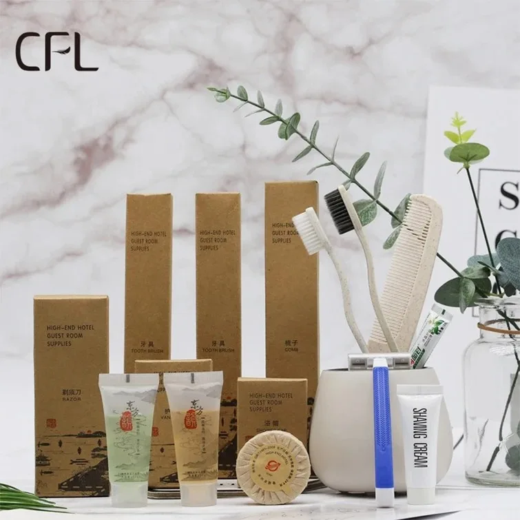 Luxury 5 Stars Hotel Personalized Eco Package Toothbrush Cosmetics Shampoo Bath Gel Soap Hotel Amenities Set
