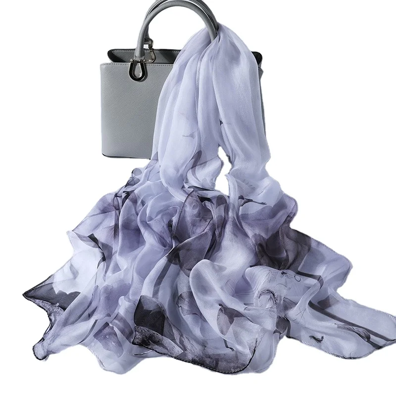 Luxury Printed Elegant  Multi-pattern High Quality Chinese ink landscape painting Silk Scarf 100% Mulberry Silk for Women