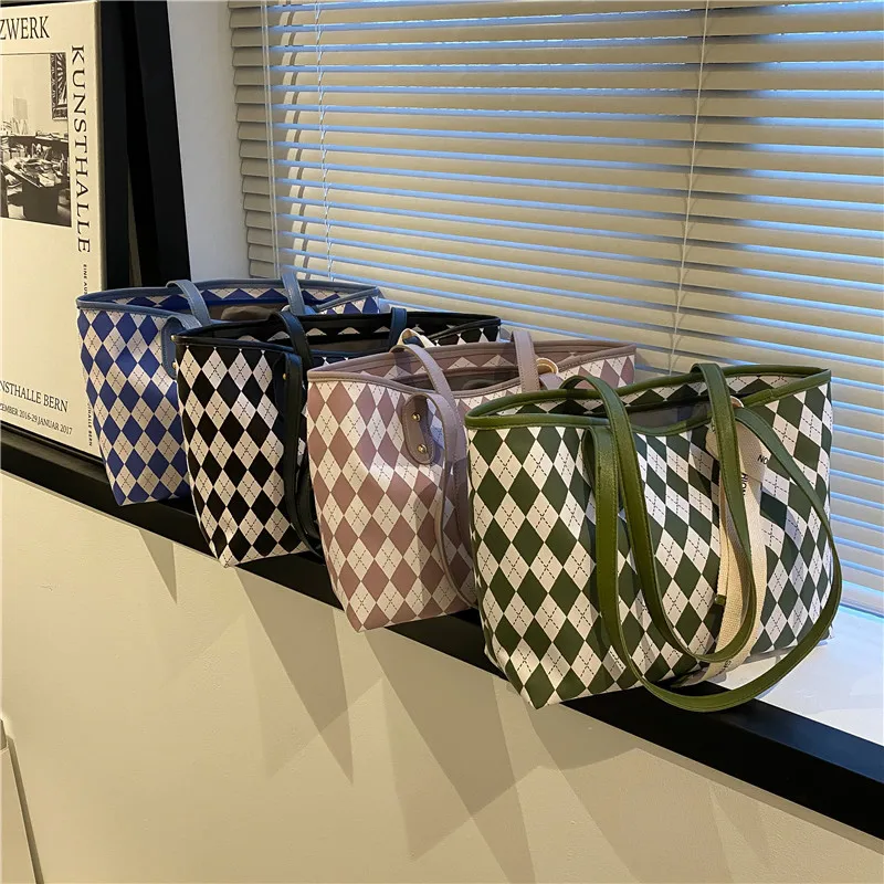 YIMYIK 2022 Wholesale Hot Selling Large Capacity Shoulder Bag Graceful Plaid Patterns PU Tote Bag