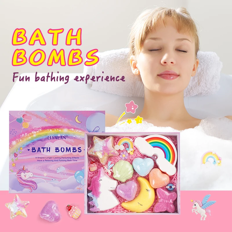 Wholesale Private Label  Flower Smell Fun Rainbow Kids Bubble Bath Bombs with Toys Heart Unicorn Rainbow Bath Bomb