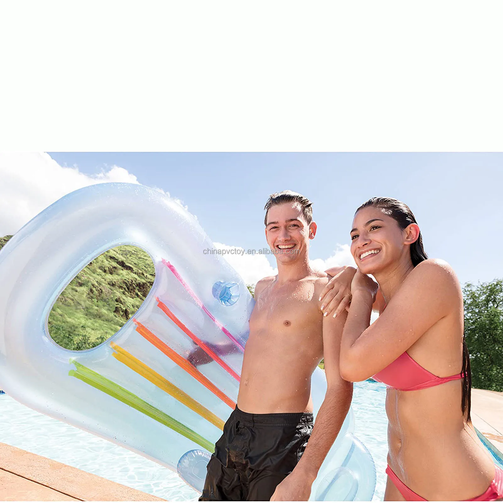 Inflatable Lounge with Headrest & Cup Holder Inflatable Pool Lounger Float for Adults Blue & Pearlescent Silver