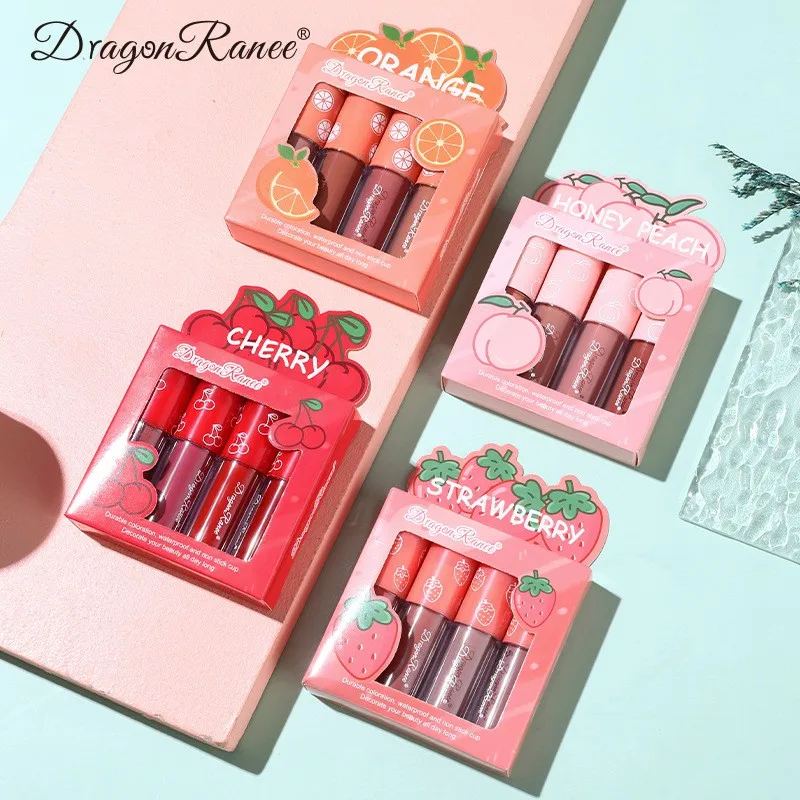 Mini  2.5g*4pcs Velvet matte lip gloss set fruit makeup lip gloss four mini set 4Pcs in a box lipstick