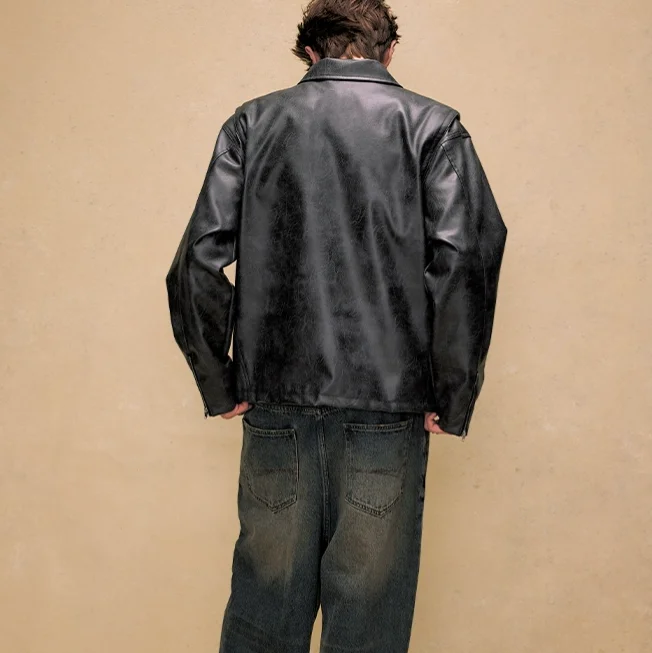 Custom Design Letter Patch Embroidered Short Loose PU Leather Motorcycle Jacket Cool Men Coats Outerwear