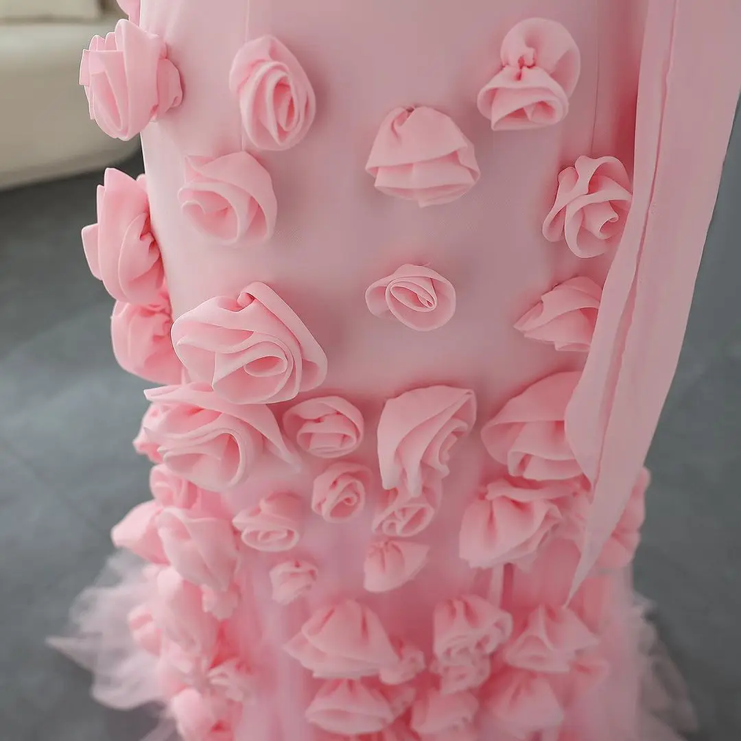 LIANMENG A575 Pink Sleeveless 3D Flower Evening Party Sweet Pink Mermaid Formal Women  Scarf  Evening Dresses