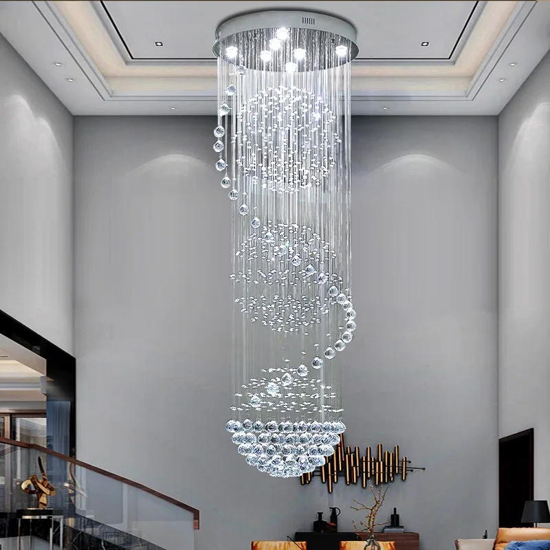 Hot Sale Modern Deluxe Decorative Long Stair Crystal Large Rain Drop Lamps Chandeliers For High Ceilings