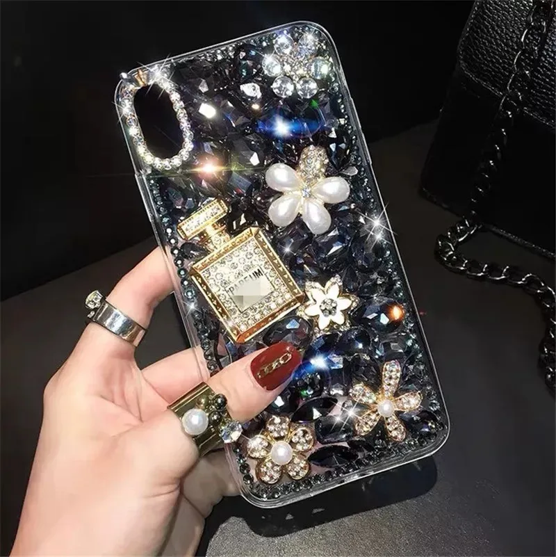 Fashion Bling Glitter Diamond Rhinestone Phone Cases For iphone 14 13 Pro Max Perfume Bottle Flower Gemstone Soft TPU Back Cover