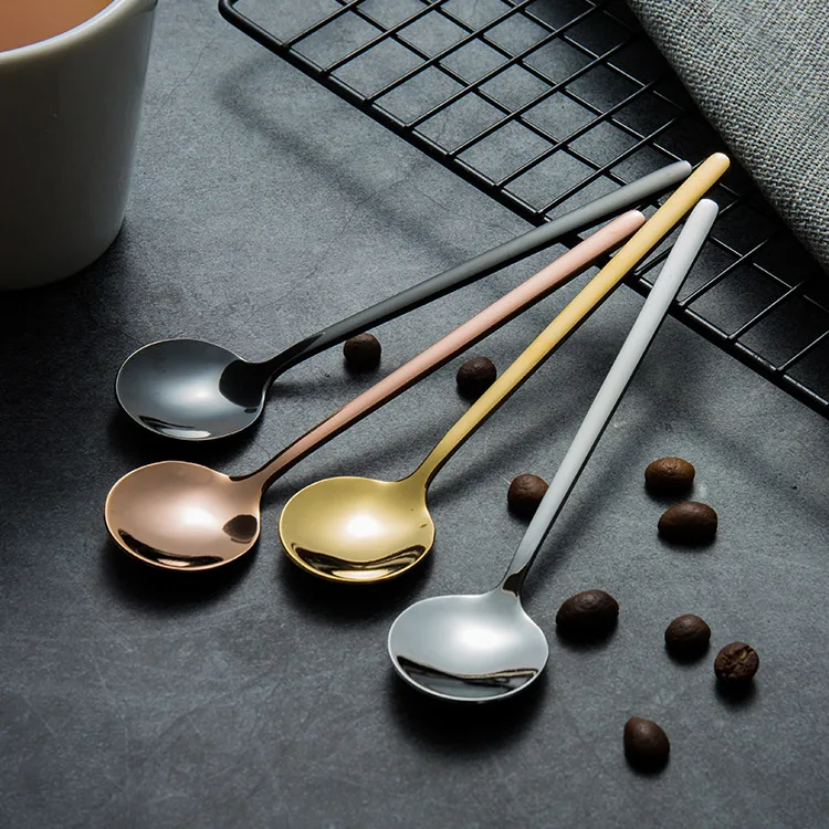 Coffee Spoon Stainless Steel Round Head Long Handle Ice Cream Stirring Dessert Honey Mixing Spoon Kitchen Tableware Decoration