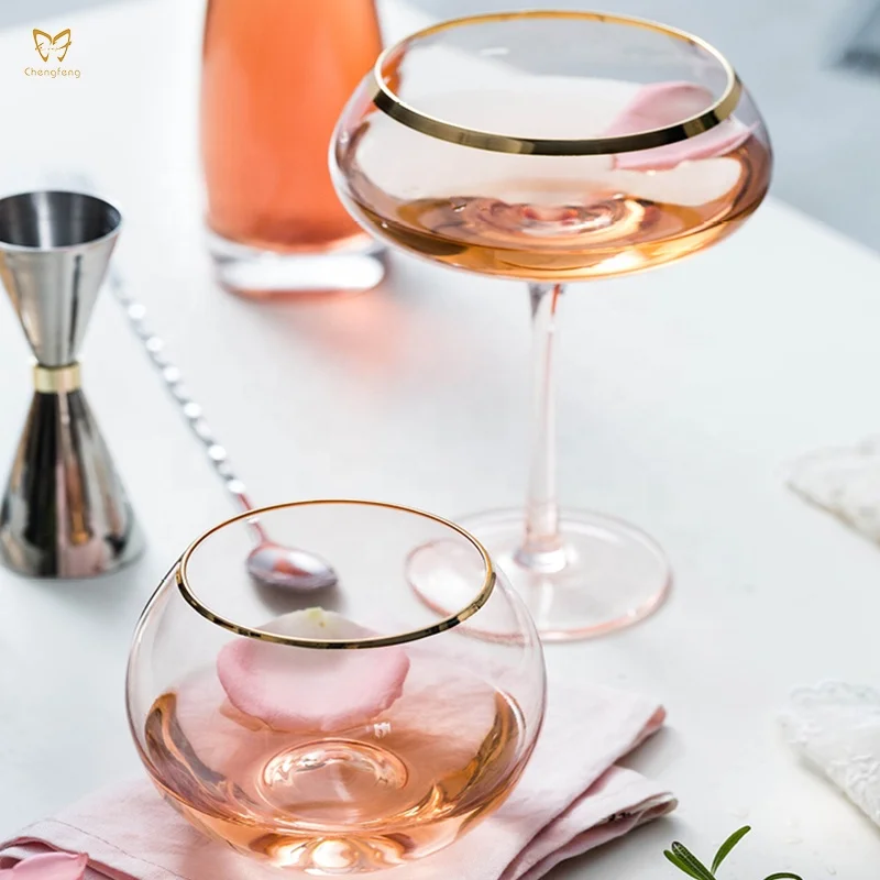Luxury Wedding Glass Cup Set Colored Pink & Gilded Rim Coupe Glass, Champagne, Martini & Cocktail, Dessert & Drinking Glasses
