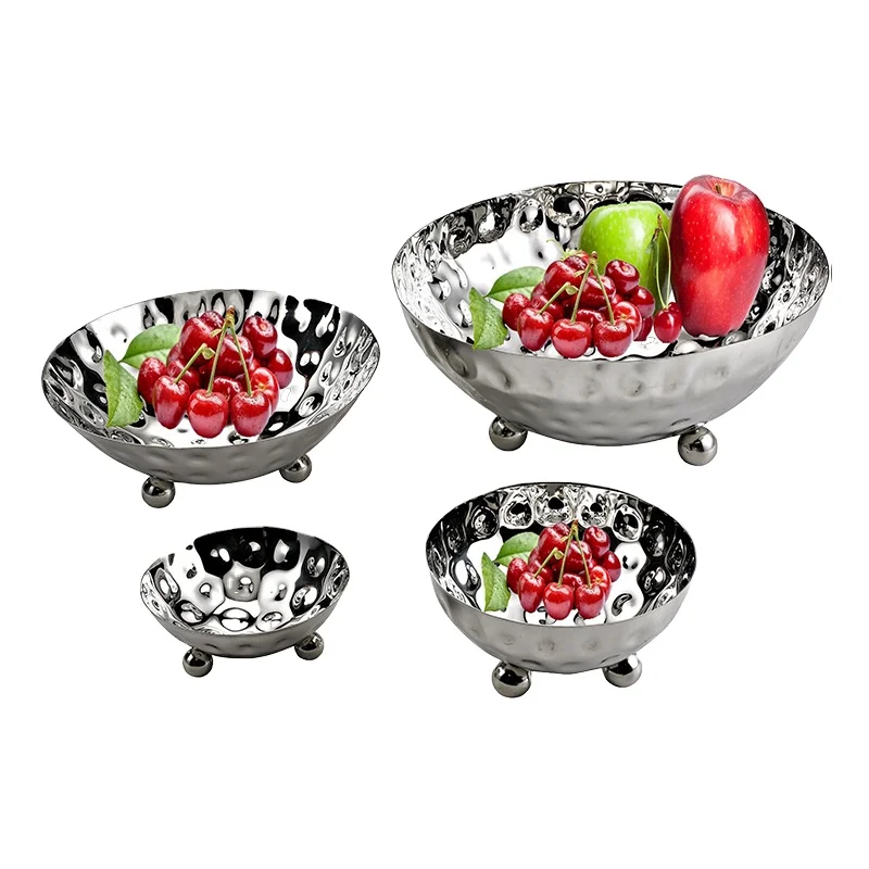 buffet decoration bowl hammered round salad bowl set silver fruit bowl stainless steel food display for sale