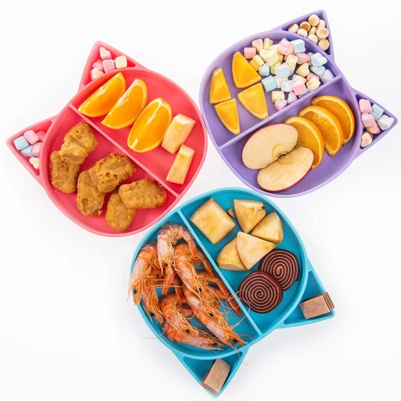  cheap custom eco friendly hot kids dining silicone baby suction divided plates for dishwasher and microwave