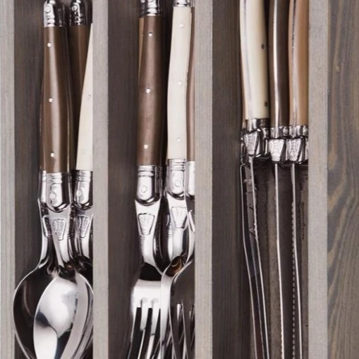 French Jean Neron 24 Piece Laguiole Stainless Steel Cutlery Couvert Set Wood Handle Steak Knife Fork Spoon With Wooden Box