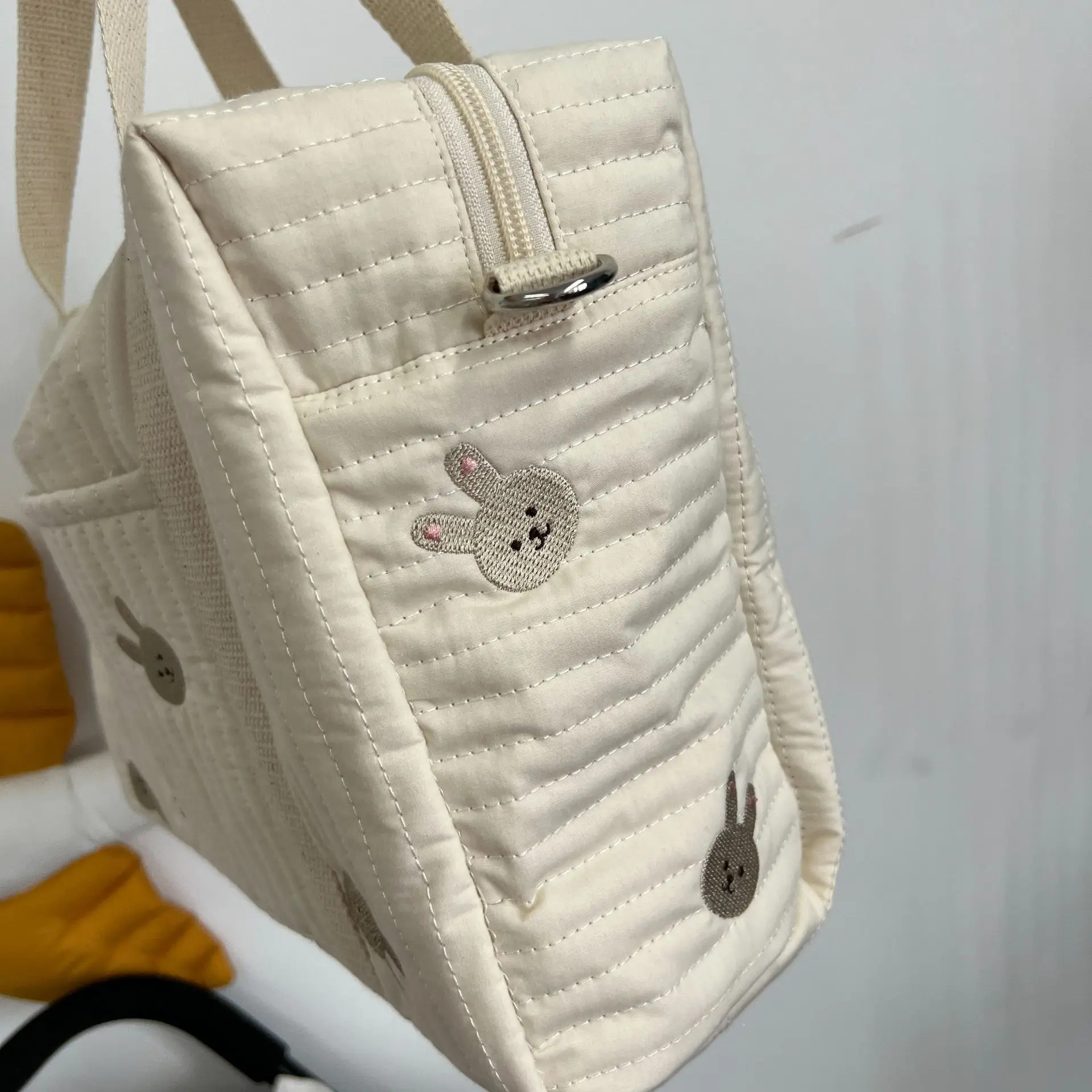 Korean Style  Mommy Single Shoulder Bag Zipper Embroidery Cute Bear Print Creamy Color Mom Bag Outing Baby Stroller Diaper Bags
