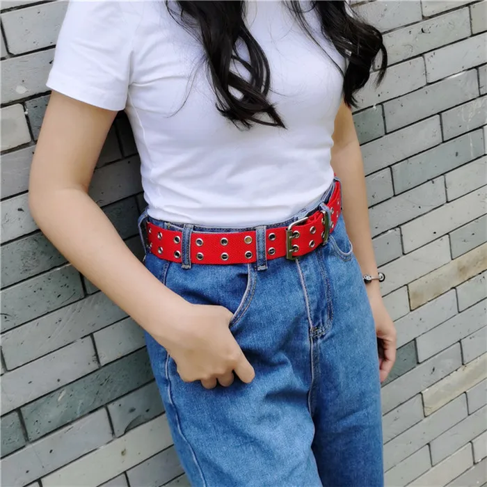 
Youth Women Casual Double Lines Buckle Belts Porous Hollow Fashion Canvas Woven Jeans Belt 