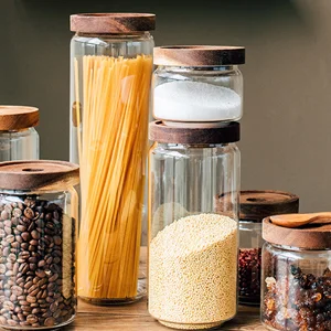 Borosilicate wide mouth big stackable glass spice storage jar with airtight acacia wood lid screw type