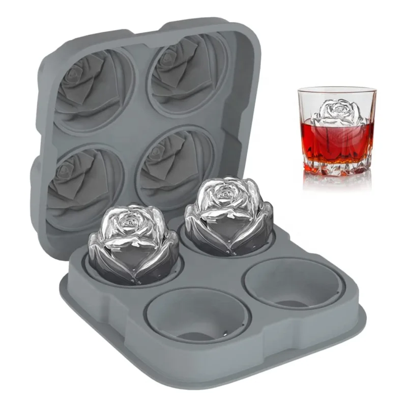 New Arrivals Food Grade 4 Cavities 3d Rose Shape silicone Ice cube Tray Silicone ice Cube tools Mold