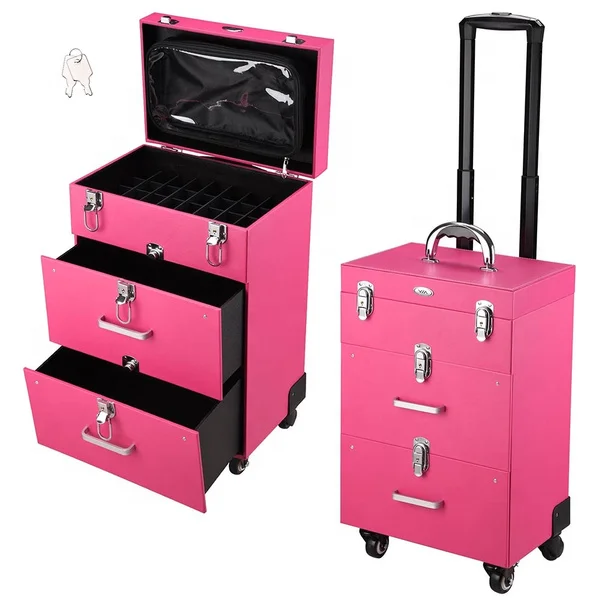 Professional Rolling Makeup Studio Case Makeup Vanity Box Aluminum Rolling Makeup Cosmetic Train Case
