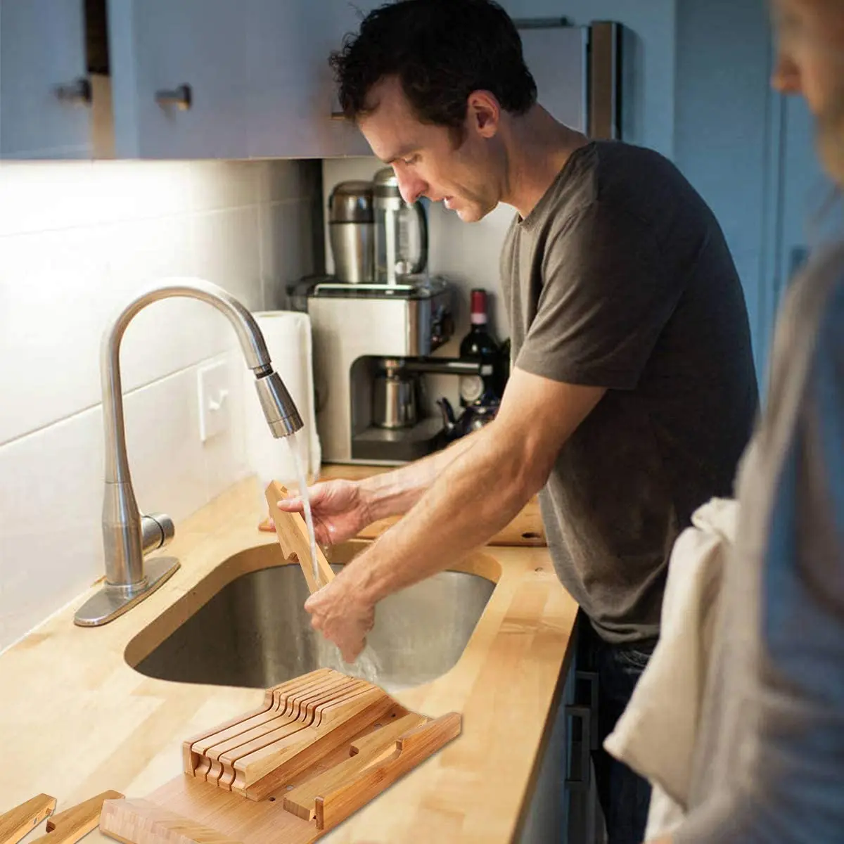 In-Drawer Bamboo knife block, Knife Organizer and Holder with Slots for 16 Knives and 1 Sharpening