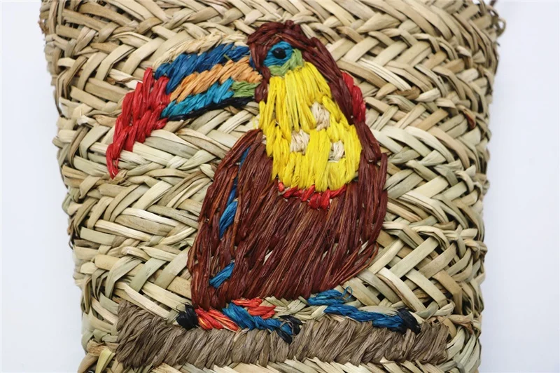 High quality summer straw handwoven handbag beach straw basket crossbody bag with embroidery parrot tote boho bag handmade