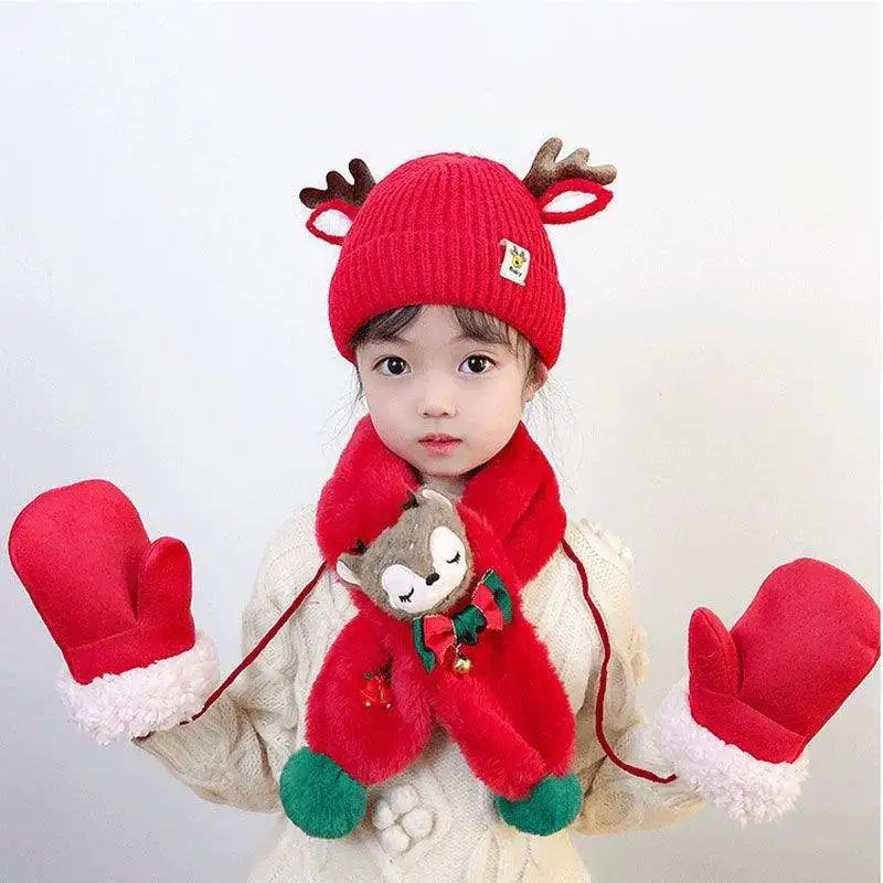 Wholesale Custom 3-Piece Set Long Cotton Knitted Beanie Hat Scarf Gloves Kids Age Children Winter Warm Christmas Gift Babies