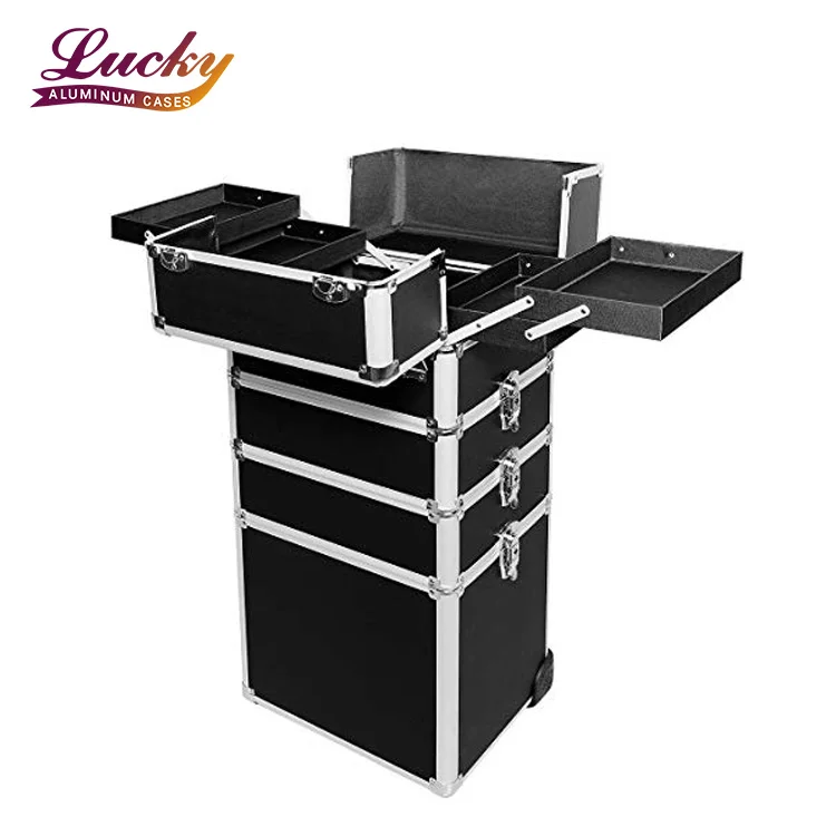 Black Beauty Makeup Train Case 4 in 1 Professional Cosmetics Rolling Organizer Aluminum makeup case