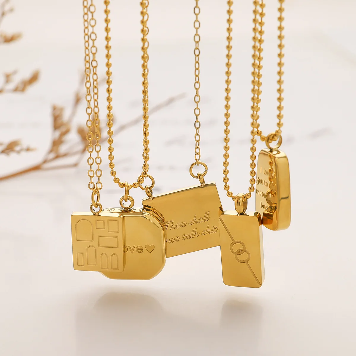 Square Letter Pendant Necklace Stainless Steel 18k Gold Plated Love Heart Letter Rectangular Necklace For Women