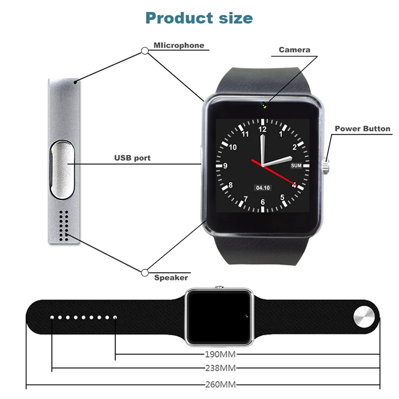 Смарт-часы GT08 с сенсорным экраном для смартфона, Sim-карта для iPhone, Android, SmartwatchGT08
