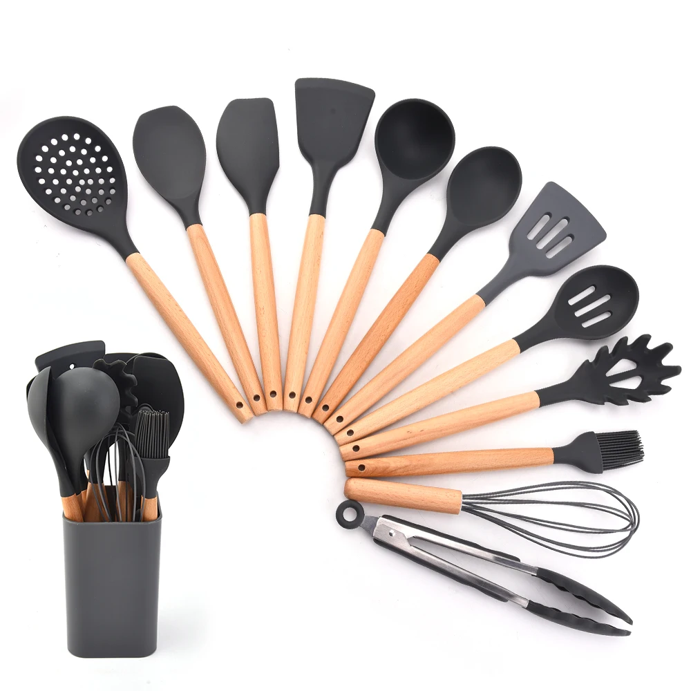 
Top selling high quality 13pcs silicone utensil set with beech wood handle with utensil holder 