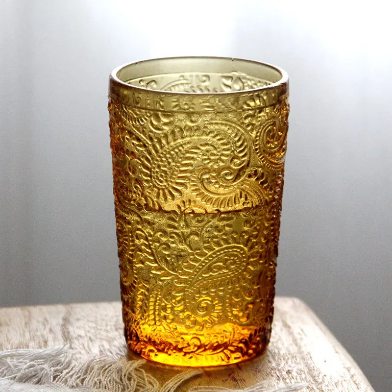 Retro relief red wine glass European style machine pressed texture glassware color water cup thick amber glass goblet