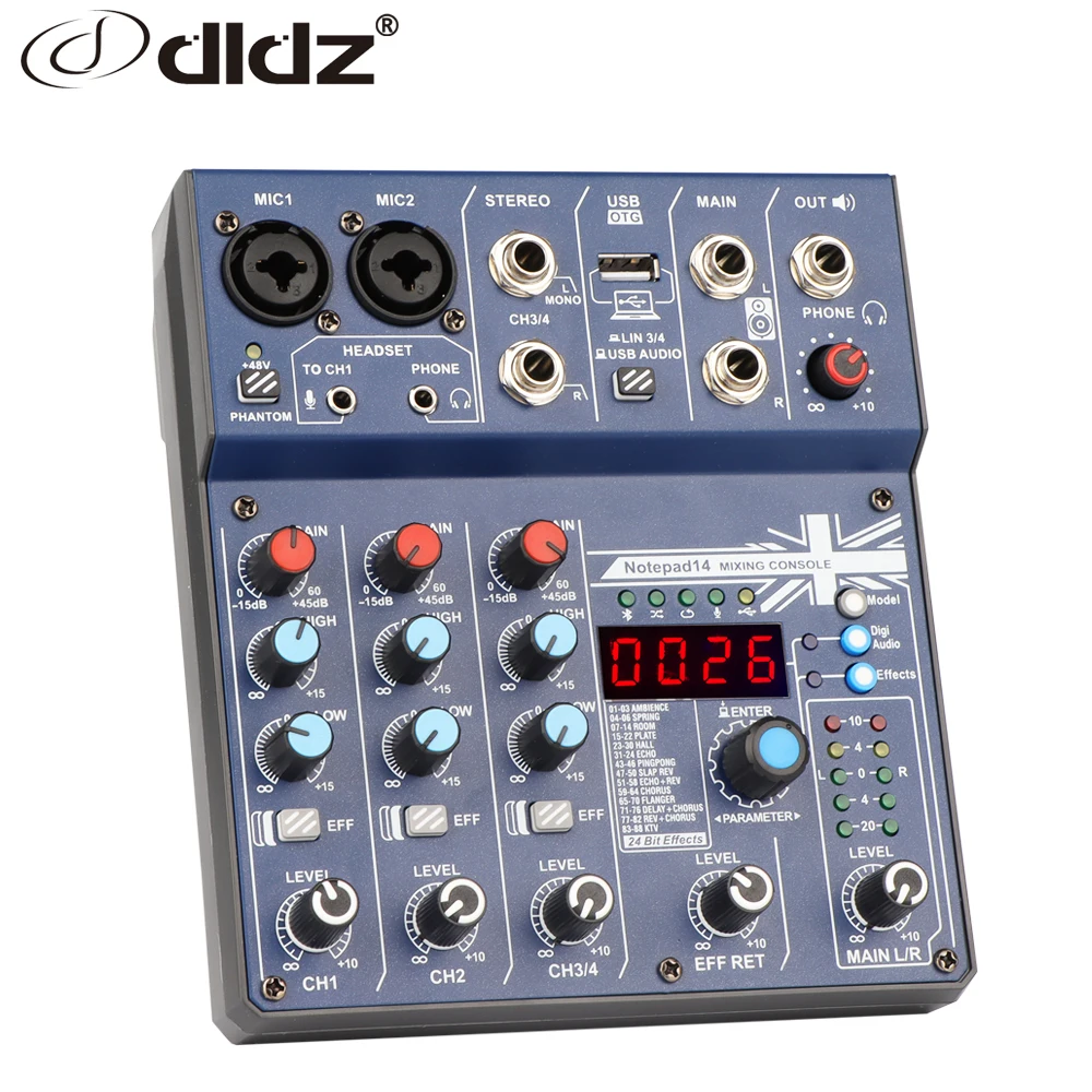 Dldz 4 канала портативный профессиональный звук музыки DJ микшер с BT USB интерфейс 48В блок питания и
