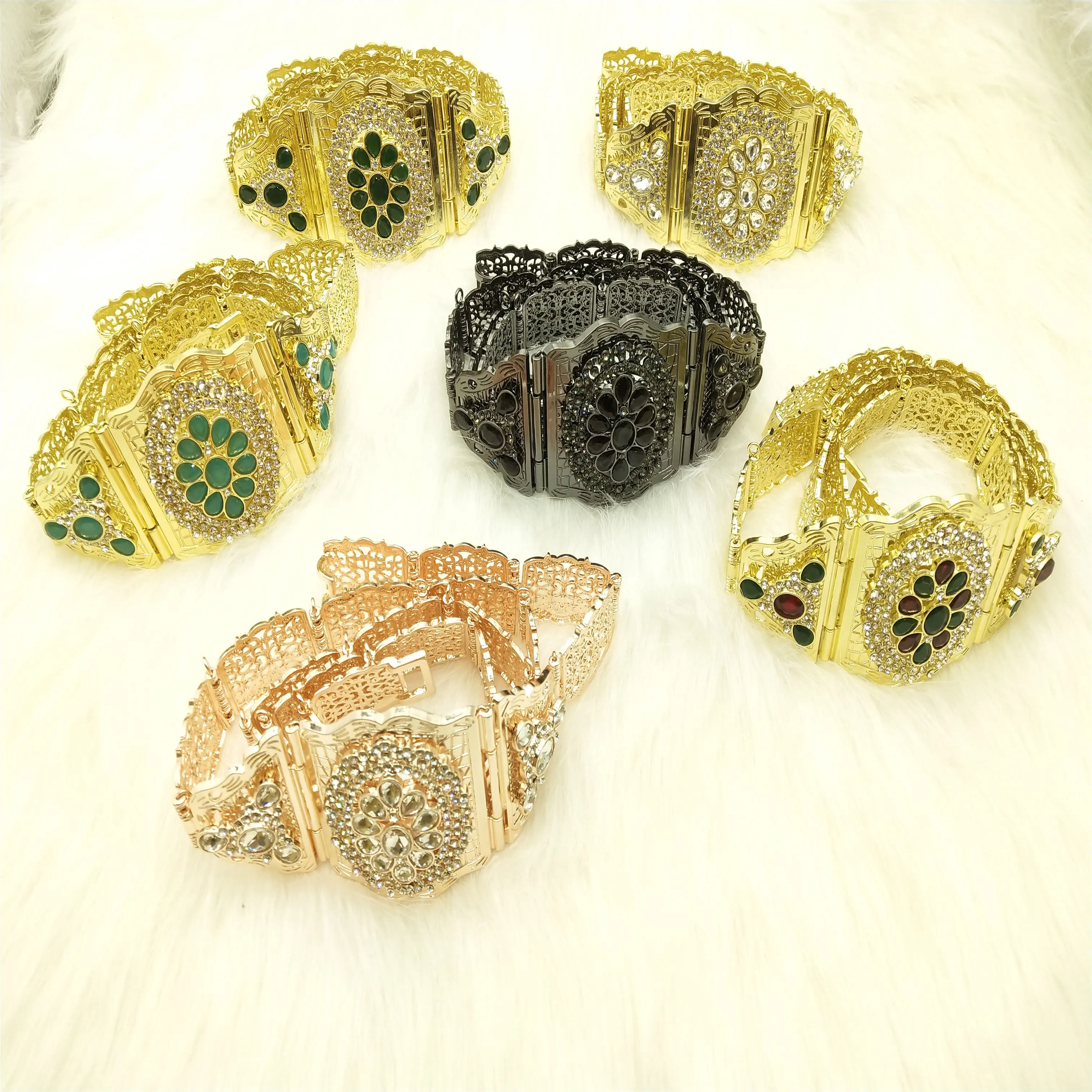 SunspicemsGold Color Crystal Wedding Jewelry Algeria Morocco Belt For Women Arab Robe Caftan Belt Metal Flower Chain Adjustable