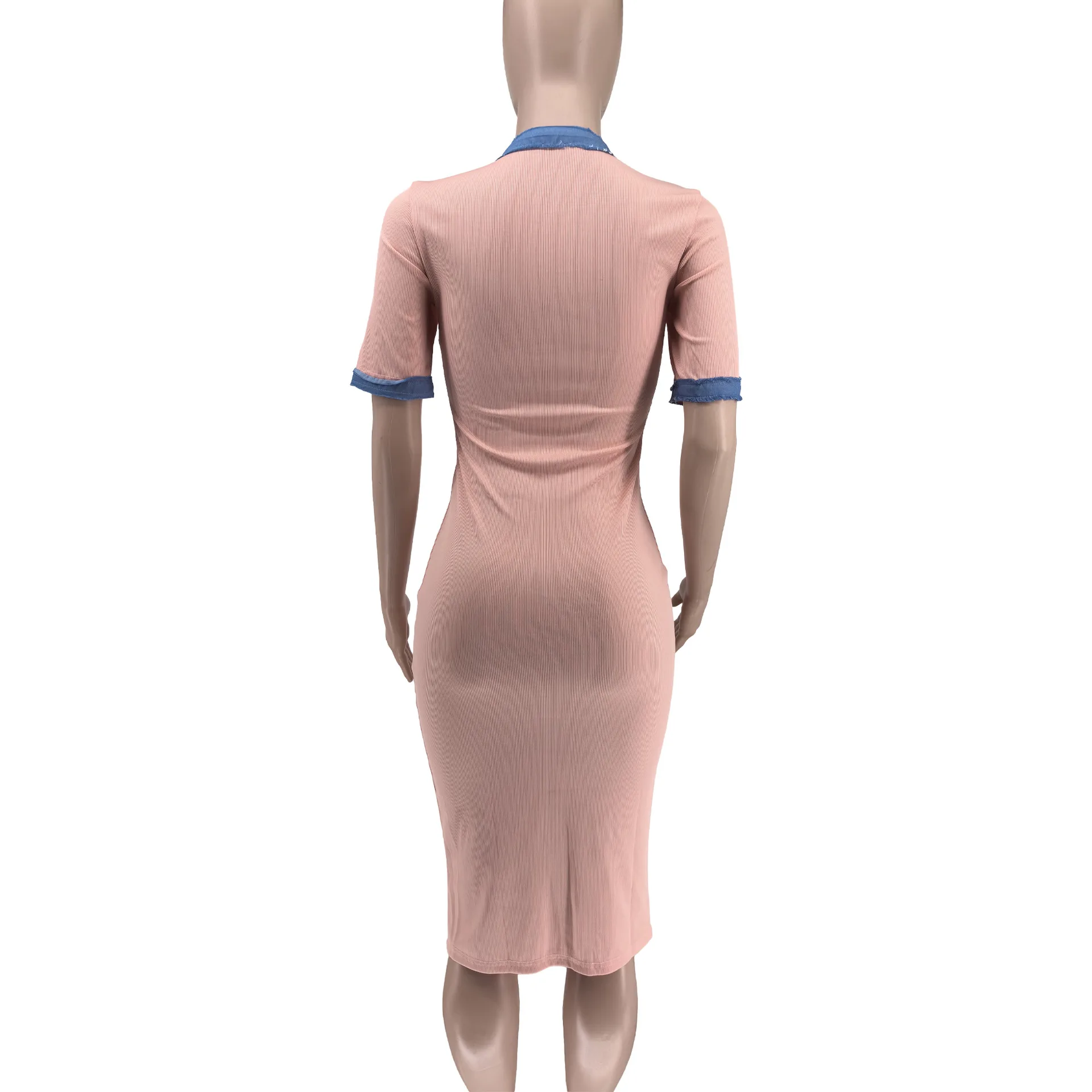 sell and buy products Fashion Washed Denim Patchwork Pocket Solid Color ribbed Short sleeve knitted Slim dress