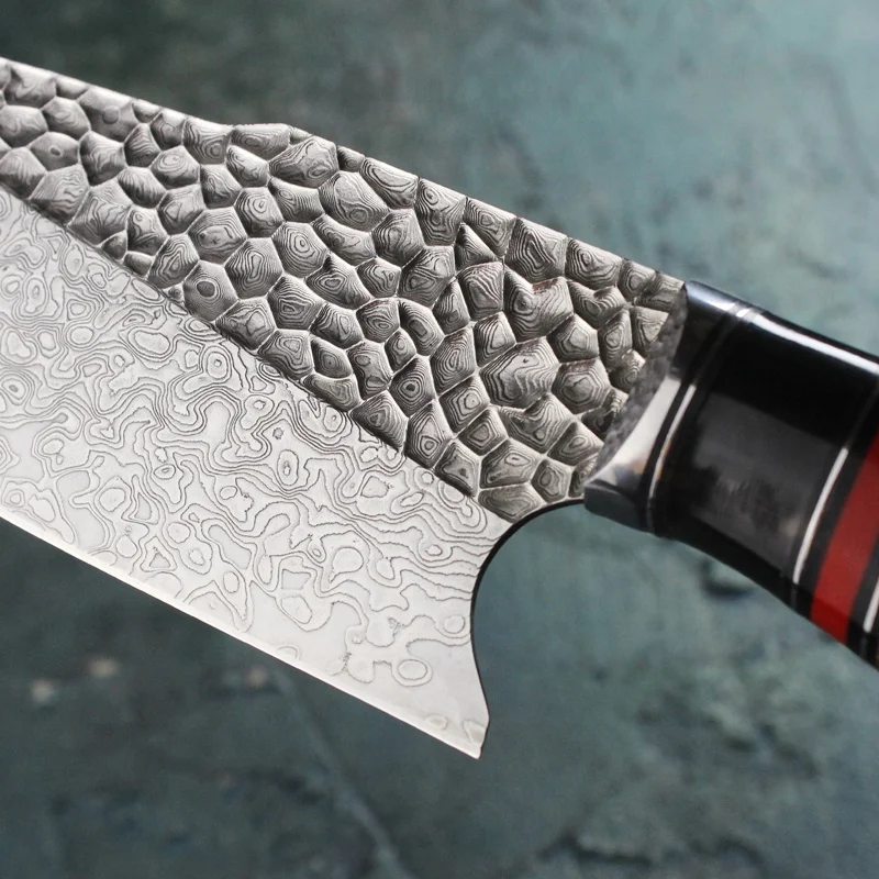 Hot Sell 8in Burl Stabilized Handle VG10 Damascus Stainless Steel Blade Leather Sheath Japanese Kitchen Santoku Knife