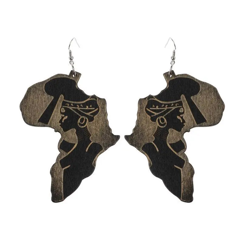 Wholesales Fashion Drop Painted Africa Wooden African Map Earings For Women