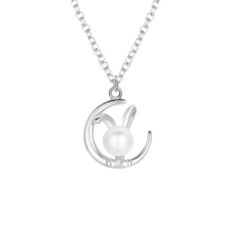 Luxury Freshwater Pearl 925 Sterling Silver Moon Rabbit Pendant Necklace Women Gift