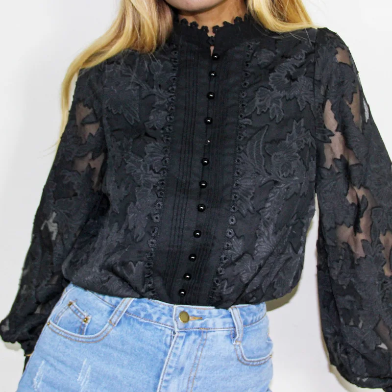 2022 Single-breasted standing collar lace women shirt long lantern sleeve black women blouse