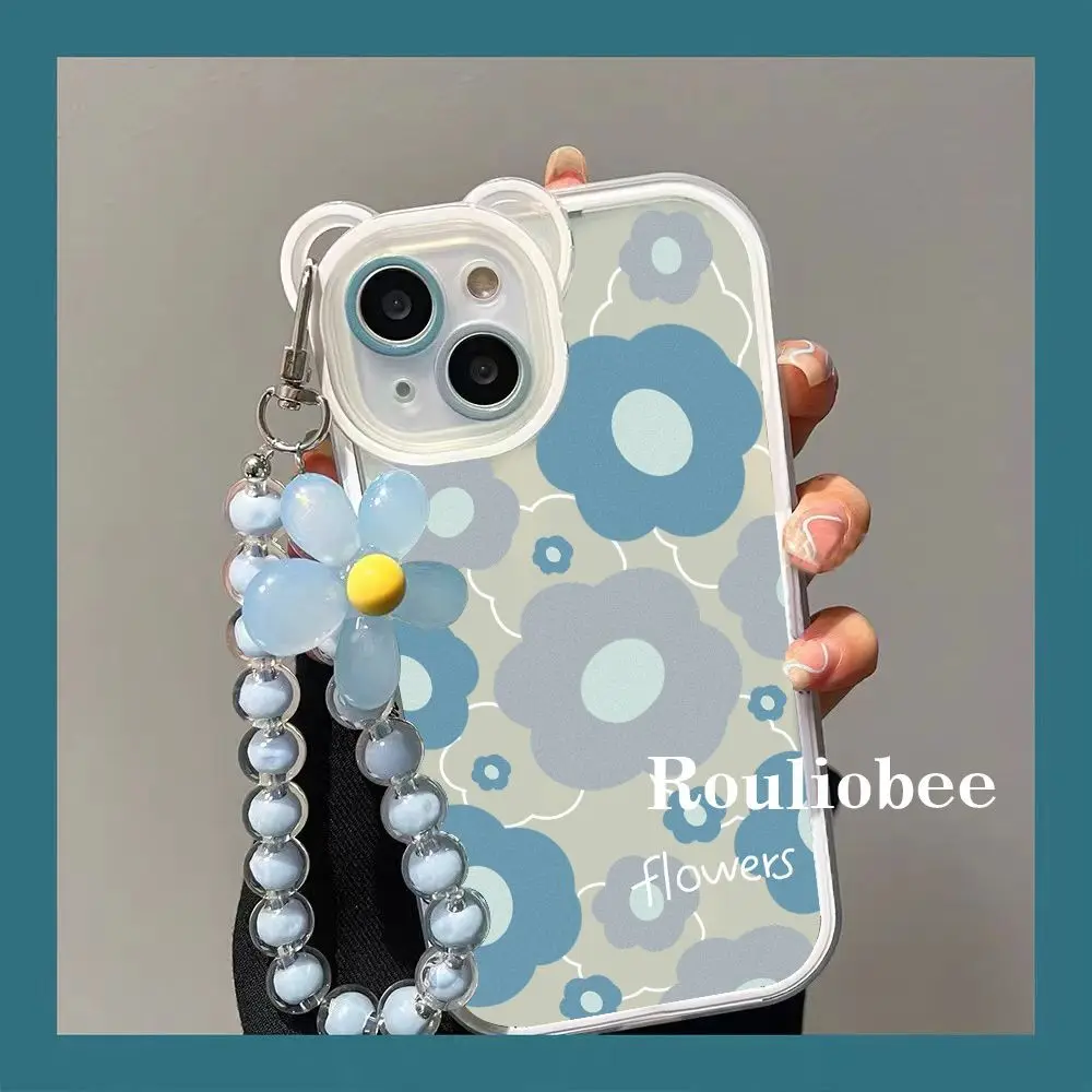 Blue Flower Bear lens Bracelet  Tpu Phone Case for iPhone 14 13  Anti-drop Phone Case For 12 13Pro