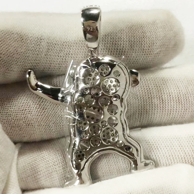 Jasen Hot Selling 925 sterling Silver Iced Out Hip Hop Black Zircon Stones Bear Panda Pendant Necklace
