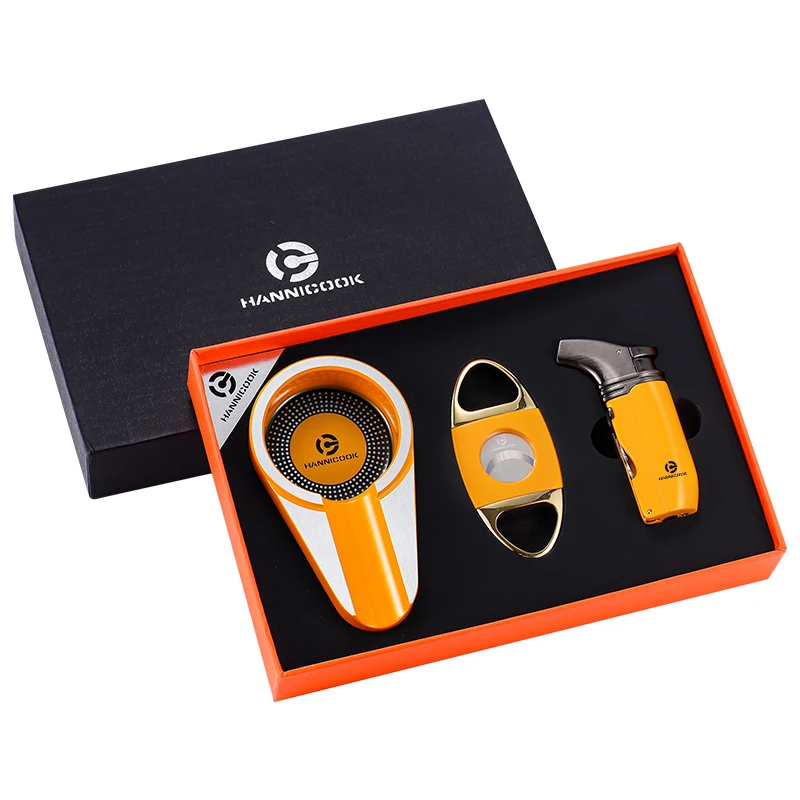 Wholesale Modern Quattro Torch Jet Butane Gas Cigar Lighter Set with Gift Box Including Cigar Cutters for Everyday Smoking