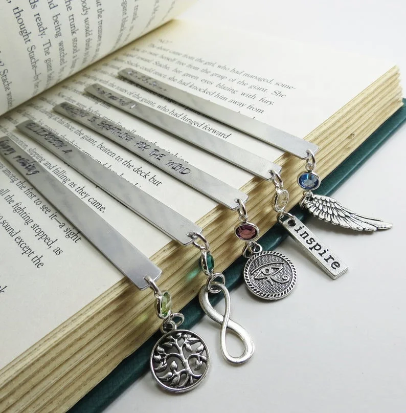 Custom Stainless steel Laser your logo Metal Bookmark with tassel