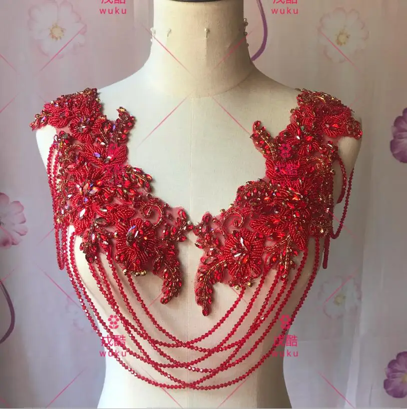 wuku 2021 pair design lace applique encruted crystal and tassel fringe design