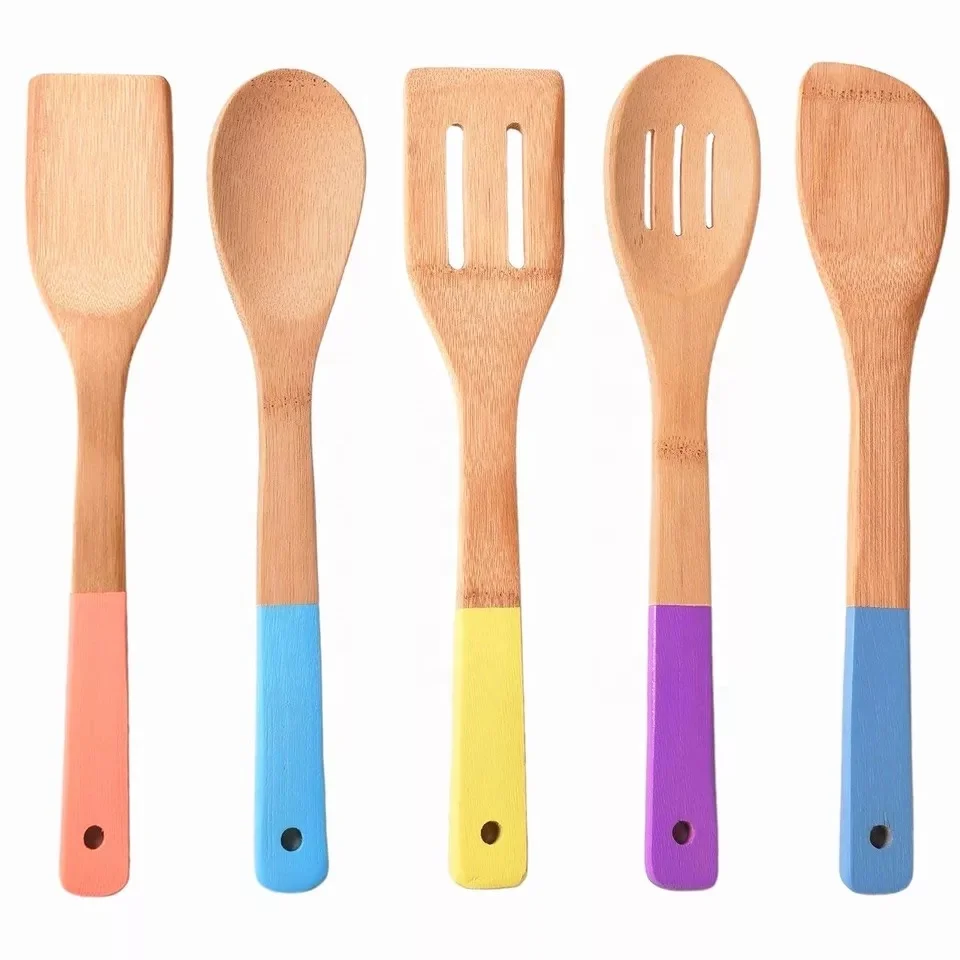 Wholesale Kitchen Utensils Kitchen Bamboo Utensils Spatula Spoon Set with Color Handle