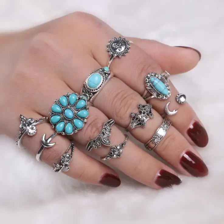 Alloy Retro Carved Turquoise Ring Sun Moon Joint Gem Set Women Fashion Boho