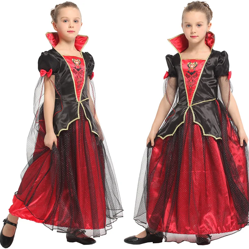 
High Quality Halloween Cosplay Costumes Kids Nobel Black Red Vampire Dress Carnival Masquerade Witch Role Play 