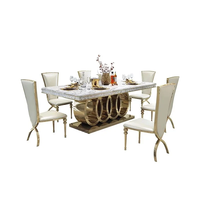 Italian Gold Luxury Mable Dining Table A Manger Complet Rectangular Marble Top Dinning Room And Seats Set For 8 3 Meter Long