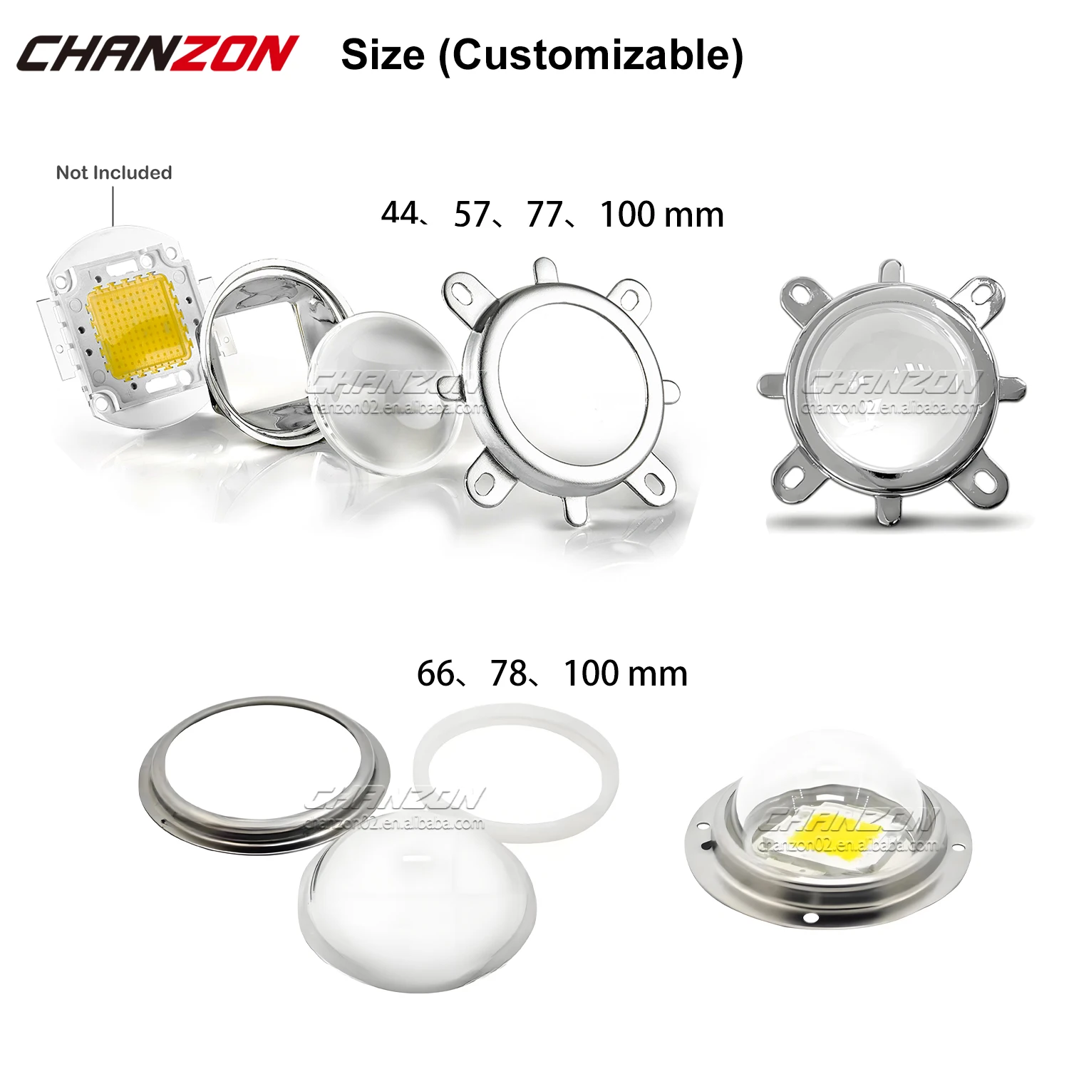 Customizable 44mm 57mm 77mm 100mm LED Chip Lens PMMA Glass Optical Reflector Collimator 30 60 90 120 Degree  For high power Cob