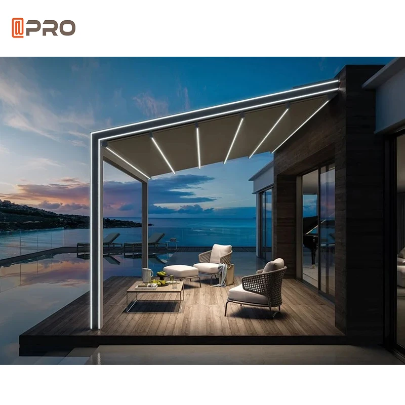 Aluminium Bioclimatic Remote Control Motorized Pvc Roof  Outdoor Pavilion Retractable Pergola with light