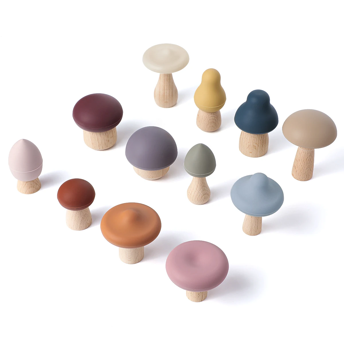 New Bpa Free Silicone Stacking Mushroom Teether Toy Non toxic Sensory Silicone and Wood Stack Blocks